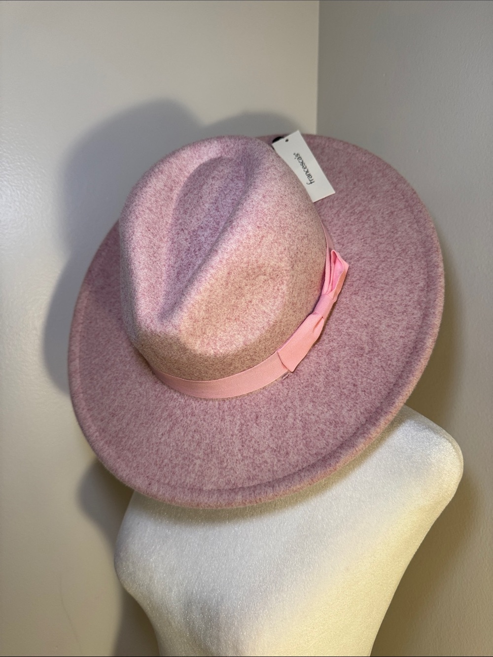 Francesca's Collections Pink Wool Felt Wide-Brim Fedora with Ribbon